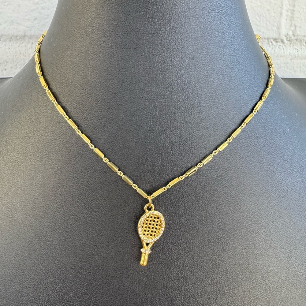 Gold & Crystal Tennis Padel Racket Necklace